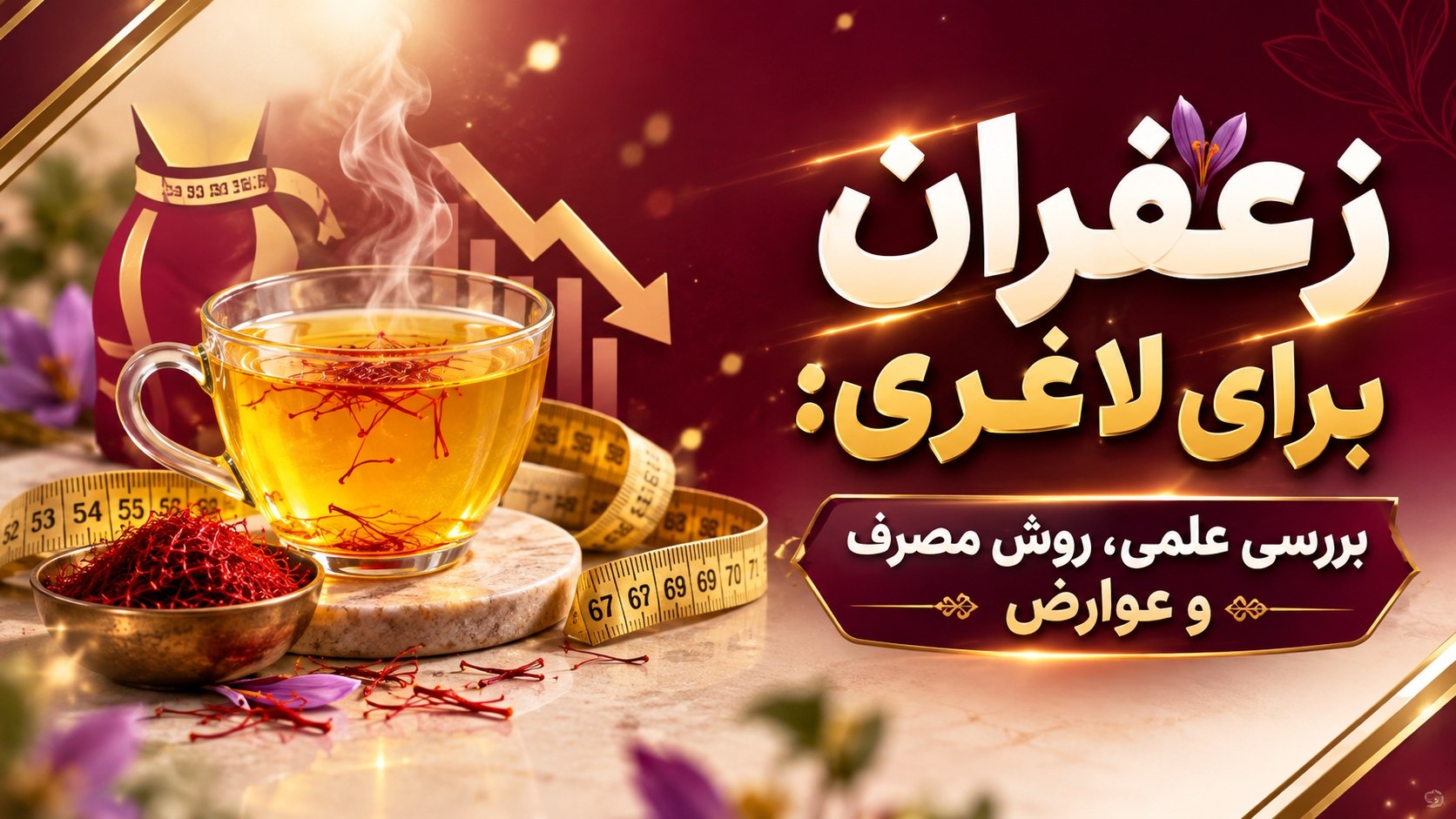 زعفران برای لاغری - دمنوش زعفران با رشته‌های زعفران و متر اندازه‌گیری وزن