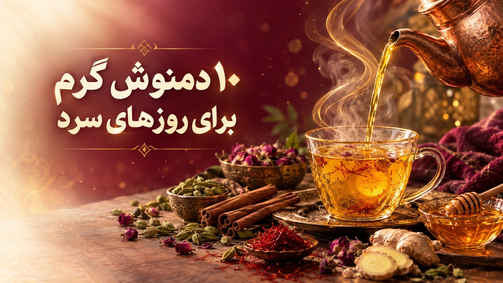 ۱۰ دمنوش گرم زمستانی با ادویه‌های طبیعی روی میز چوبی