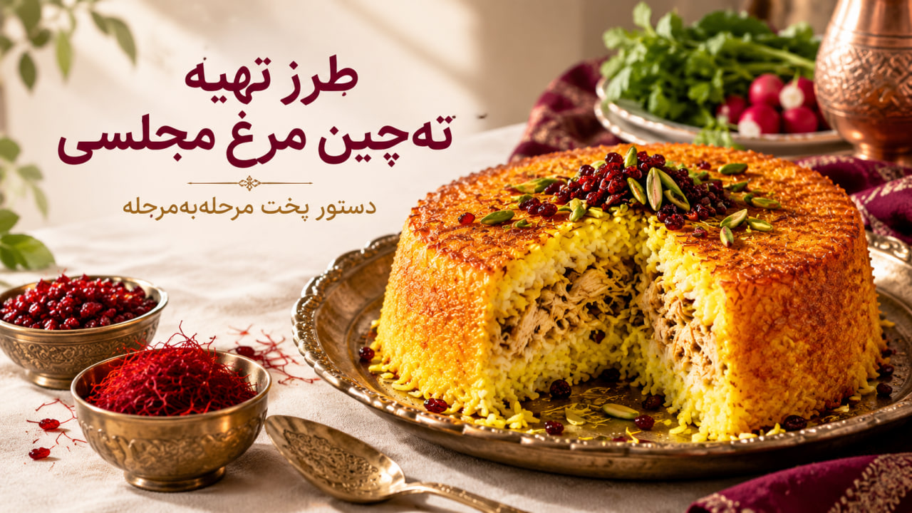 طرز تهیه ته‌چین مرغ مجلسی با برنج زعفرانی و مرغ ریش‌ریش